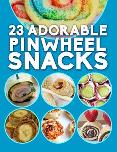 the book cover for 28 adorable pinwheel snacks, with pictures of different types of food