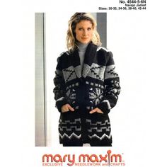 a woman in a black and white sweater is standing next to an advertisement for mary max knits