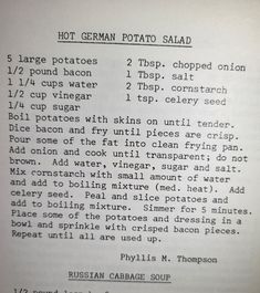 the recipe for hot german potato salad is shown in black and white text on an open book