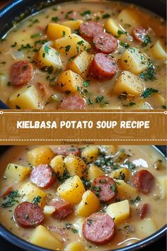 two pictures of kielbasa potato soup in a black bowl, with the title above it