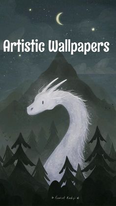 an illustration of a white dragon in the night sky with pine trees and mountains behind it