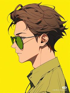 an anime character with sunglasses on his head and hair blowing in the wind, against a yellow background