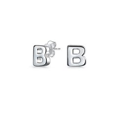 Bling Jewelry Modern Alphabet Letter B Initial Sterling Silver Stud Earrings Mens Engraved Necklace, Carat Size Chart, Geometric Alphabet, Rocker Jewelry, Modern Alphabet, Initial Stud Earrings, B Initial, Initial Earrings Studs, Snowflake Jewelry