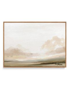 an abstract painting with white and grey clouds in the sky over a plain land area