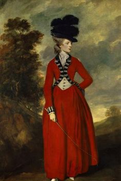 a painting of a woman in a red dress with a black hat and feathered tail