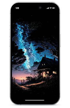 an iphone with the image of a house and stars in the night sky on it