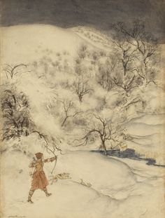 a drawing of a person walking in the snow