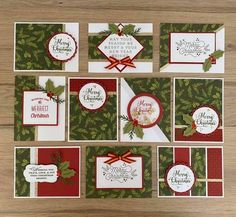 christmas cards are arranged on top of each other, with bows and holly leaves around the edges