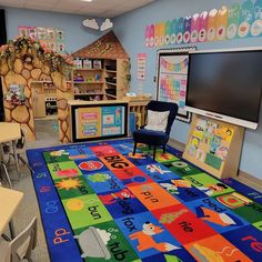 a classroom with lots of colorful rugs and chairs