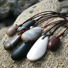 Peeble river stone surf stone on leather with by TresorsDeStBarth Boho Leather Jewelry, Jewelry Beach, Boho Leather, St Barth, Black Pearl, Leather Jewelry, Necklaces, Stone, Leather