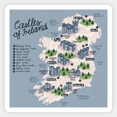 an illustrated map of the castles of ireland