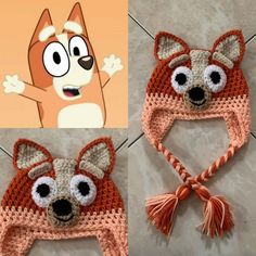 two crocheted hats with eyes and ears, one has a fox on it