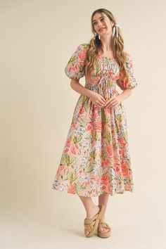 This fabulous floral midi dress features a ruffled square neckline, tiered elastic waist panel with tying detail, and short puff sleeves with elastic cuffs. Plus, it has the added convenience of pockets and is fully lined for ultimate comfort. Say hello to your new go-to dress for any occasion! 100% COTTON Louisa Clark, Cotton Dresses Summer, Bamboo Decor, Fab Dress, Sunday Dress, Happy Woman, Pastel Outfit, Expensive Clothes, Grad Dresses