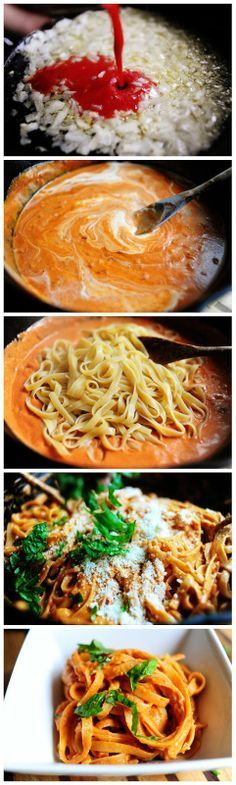 four different types of pasta being cooked in pans with sauce and parmesan cheese