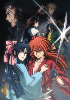 an anime character hugging another character with swords in front of him and the other characters behind her