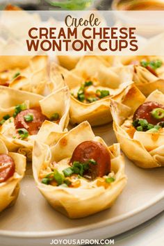 mini creme cheese wonton cups on a plate