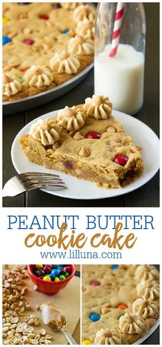 peanut butter cookie cake is on a plate with a fork