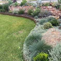 a garden with lots of green grass and plants in it, next to a brick wall