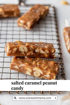 salted caramel peanut candy bars on a cooling rack with text overlay that reads salted caramel peanut candy