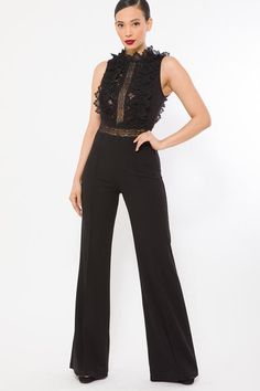 Match Jewelry, Stylish Crochet, Lace Jumpsuit, Mock Neckline, Leg Design, Black Crochet, Lace Bodice, Crochet Details