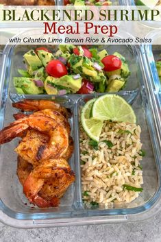 this meal is prepared and ready to be eaten with shrimp, rice, avocado salad