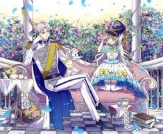 two anime characters sitting on a bench in front of flowers