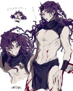 an anime character with long hair and no shirt on, standing next to another character