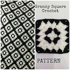 the granny square crochet pattern is shown in black and white, with an image of