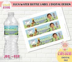 two water bottle labels with an image of kendall's birthday party on them