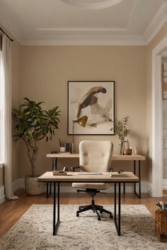 home decorating,home interior design,interior bedroom design,living room interior Home Office Beige Walls, Home Office Neutral Colors, Tan Office, Office Cozy, Minimal Office, Stylish Home Office, Fall Furniture, Modern Rustic Living Room