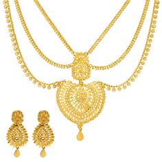 Pair this dazzling 22k Indian gold jewelry set with bridal or traditional indian gowns for a radiant look of cultural elegance. The layered beauty of the 22k gold necklace is enhanced by exquisite beading and filigree work. The matching Indian gold earrings complete the look of this 22k jewelry set by adding a chic and stylish finish. Features • 22k yellow gold• Filigree • BeadingAs a leading supplier of authentic Indian gold jewelry, we are proud to offer a wide variety of exquisite 22k gold je 22k Yellow Gold Temple Necklace For Wedding, Wedding 22k Yellow Gold Temple Necklace, 22k Yellow Gold Bollywood Bridal Necklace, Yellow Gold Bollywood Bridal Necklace, Bollywood 22k Yellow Gold Bridal Necklace, Bollywood Style 22k Yellow Gold Bridal Necklace, 22k Yellow Gold Bollywood Kundan Necklace, Bollywood Style 22k Yellow Gold Kundan Necklace, 22k Yellow Gold Bridal Necklace For Festivals