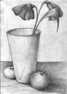 a pencil drawing of a flower in a vase next to an apple on a table