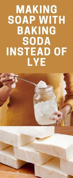 a woman is making soap with soda instead of lye and it's in a jar