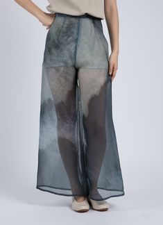 Song Tu Wide Leg Organza Silk Pant - Blue Veinstone Luxury Chic Organza Bottoms, Luxury Sheer Wide Leg Bottoms, Blue Silk Wide Leg Bottoms, Pants With Organza Detailing, Organza Trousers, Luxury Blue Silk Pants, Organza Pants, Blue Silk Wide-leg Bottoms, Glass Palace