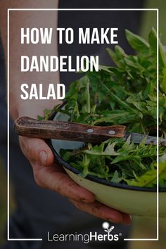 a person holding a bowl full of greens with the words how to make dandelion salad