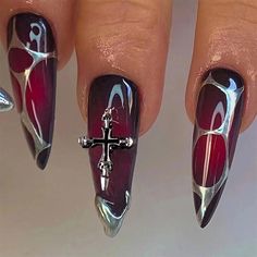 Get ready for spooky season with these Halloween nail designs that will level up your costume game! From classic jack-o'-lanterns to creepy cobwebs, this tutorial will show you how to create the perfect manicure for the scariest night of the year. Whether you're a beginner or a nail art pro, these designs are sure to impress at any Halloween party. Ongles Goth, Paznokcie Hello Kitty, Long Almond Nails, Goth Nails, Grunge Nails, Almond Acrylic Nails, Almond Nail, Coffin Nails Long, Nails Long