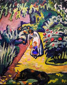 a painting of a woman and child in a garden