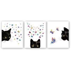 three black cats and butterflies on white paper