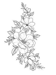 a black and white drawing of flowers with leaves on the bottom half of each flower