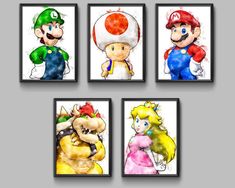 four mario bros pictures hanging on the wall