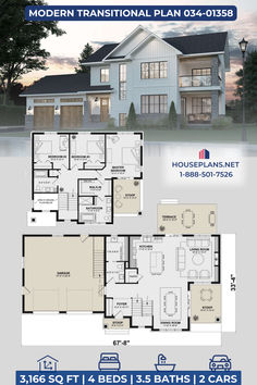 two story house plan with 3 bedroom and 2 bathrooms in the front, three car garage on