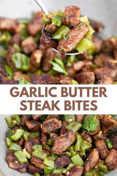 garlic butter steak bites in a bowl with a spoon full of them and the title overlay reads garlic butter steak bites