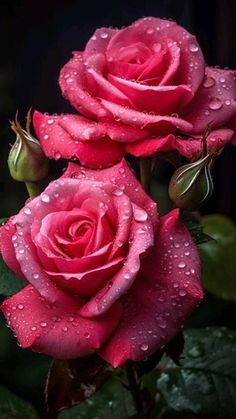 two pink roses with water droplets on them