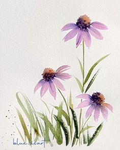 watercolor painting of purple daisies on white paper with green stems and brown centers