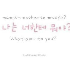 the words are written in korean on a white background with pink and black letters that read what am i to you?