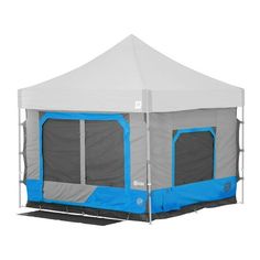 a white and gray tent with blue accents