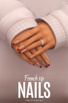 french tip nails with red and white nail polish on the thumbnails, in front of