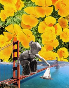 a painting of a boy on a bridge with yellow flowers in the foreground and a sailboat below