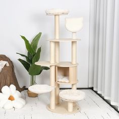 a cat tree in the corner of a room with white walls and flooring next to a potted plant