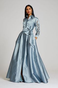 Taffeta Shirt Dress Gown With Eyelet Sleeve and Collar Mother Of The Bride Dresses Long, Ruffle Gown, Teri Jon, Gaun Fashion, Mother Of Groom Dresses, Mob Dresses, Full Length Skirts, Tea Length Dresses, Dress Gown